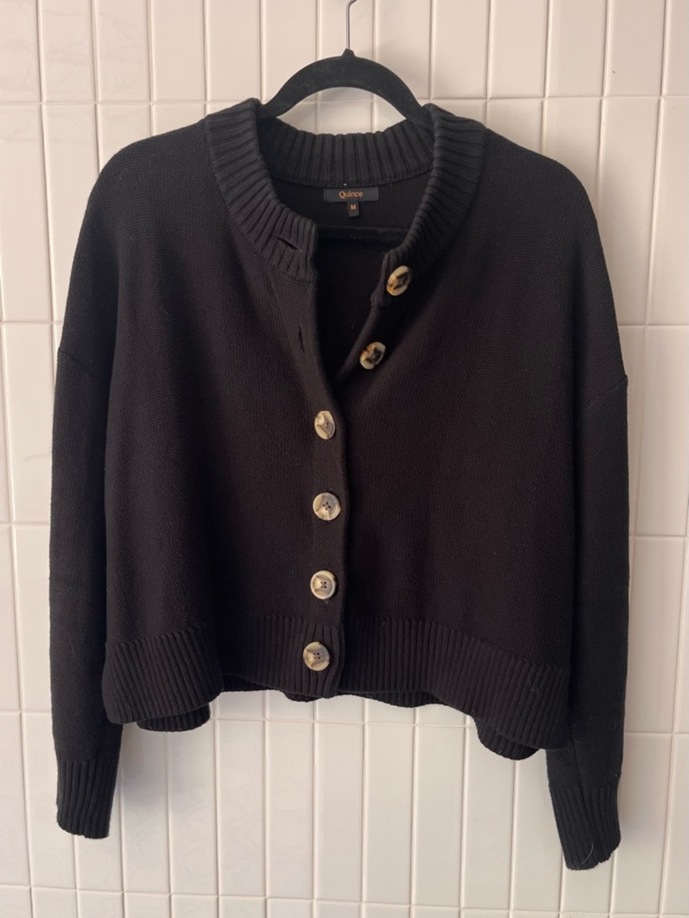 Quince Organic Cotton Boxy Cropped Cardigan Black Size M